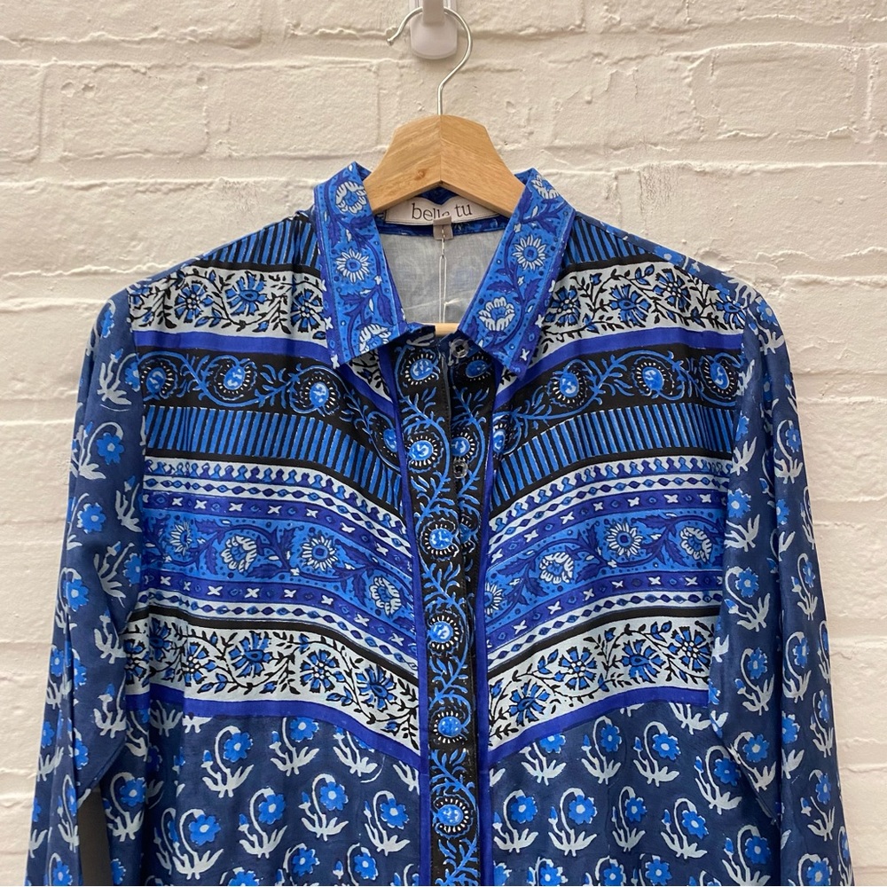 Bella Tu || Lara Block Print Shirtdress Dress Blue Floral Small NWT - Picture 2 of 8